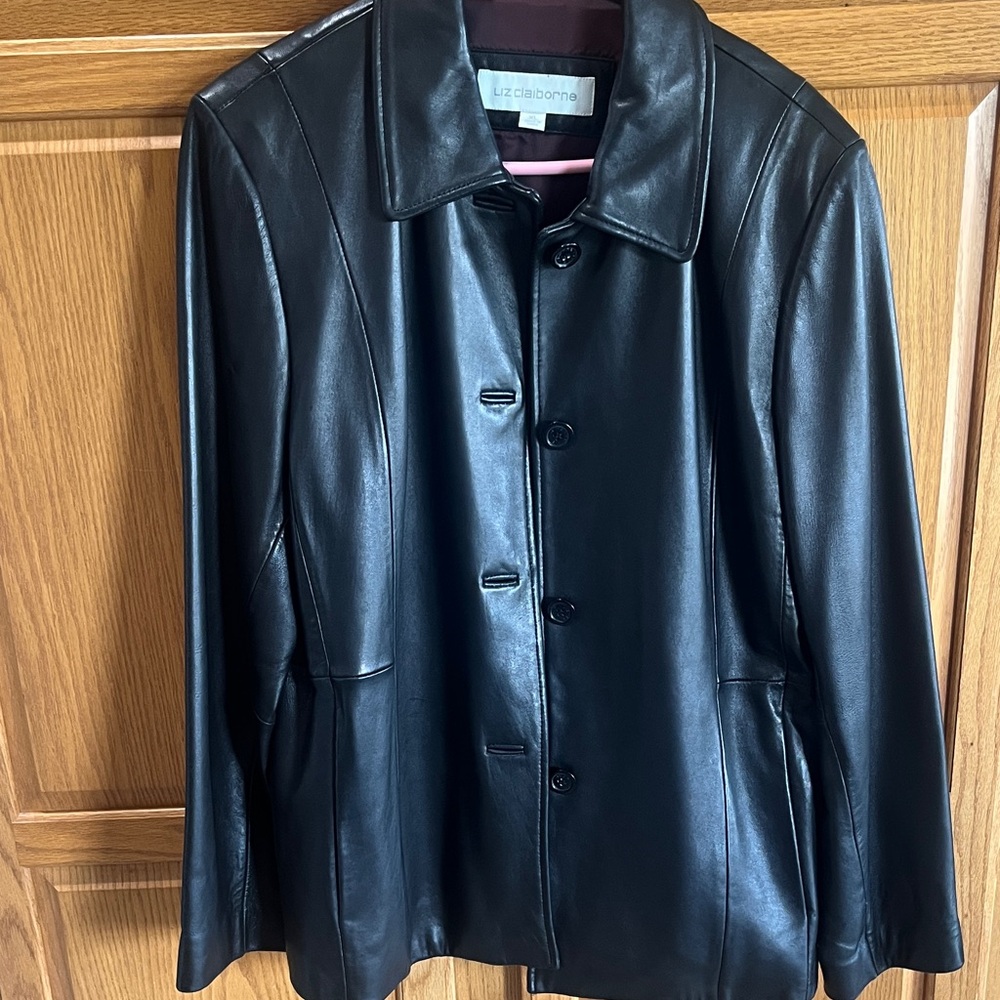 Liz Claiborne Black Leather Button-Front Jacket